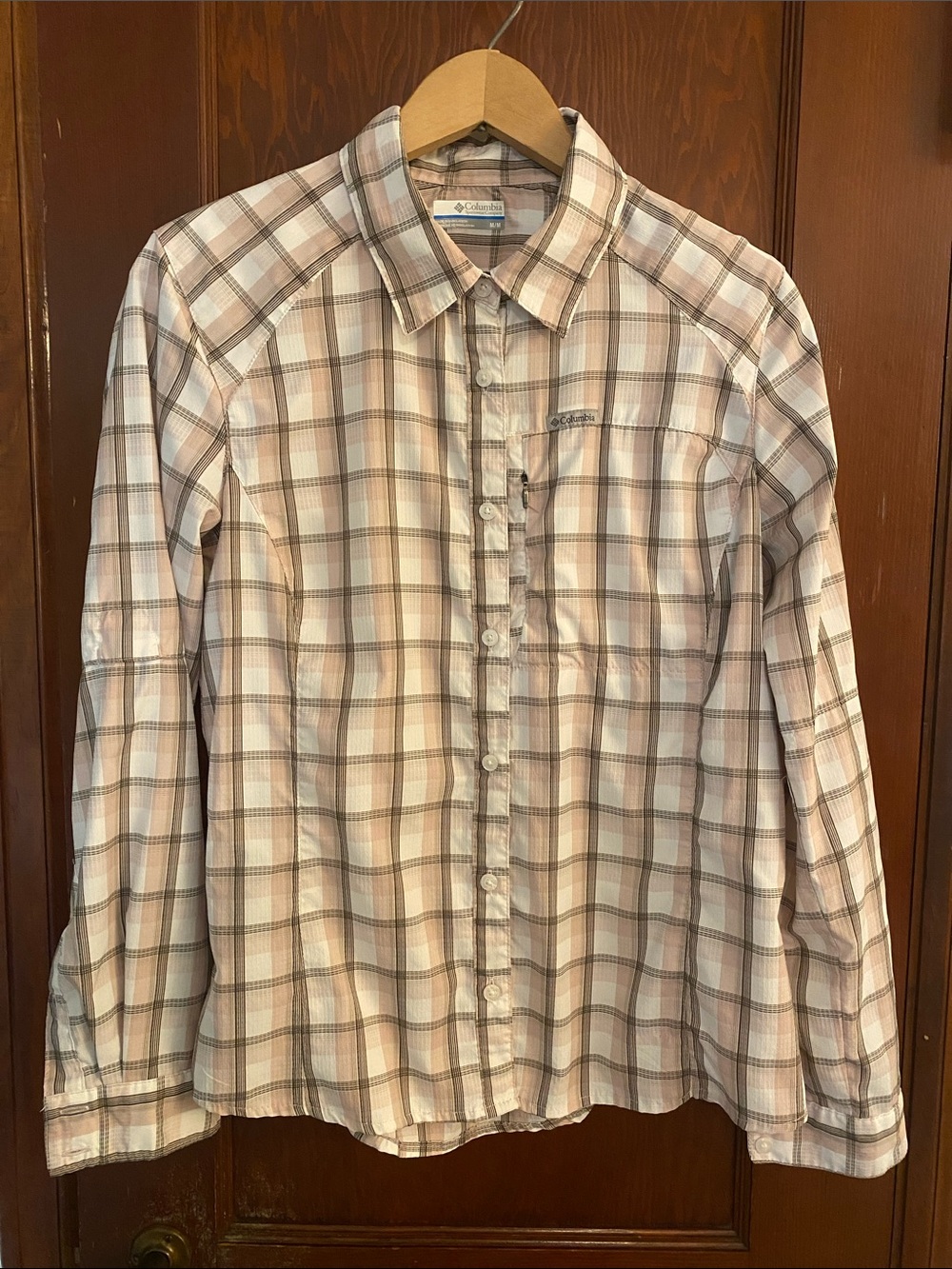 Columbia Women’s Plaid Button-Down Shirt in Light Pink and Brown Tones